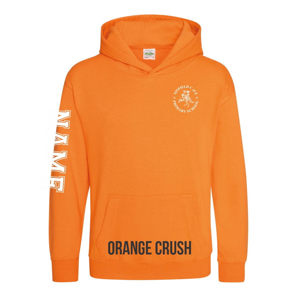 Frontal view of the orange crush colour 2025 leavers hoodie for Ninfield Primary School.