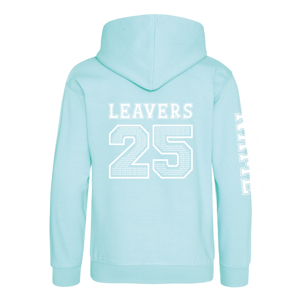 Rear view of the peppermint colour 2025 leavers hoodie for Ninfield Primary School.