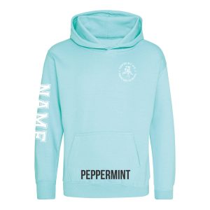 Frontal view of the peppermint colour 2025 leavers hoodie for Ninfield Primary School.