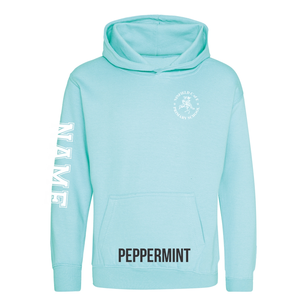 Frontal view of the peppermint colour 2025 leavers hoodie for Ninfield Primary School.