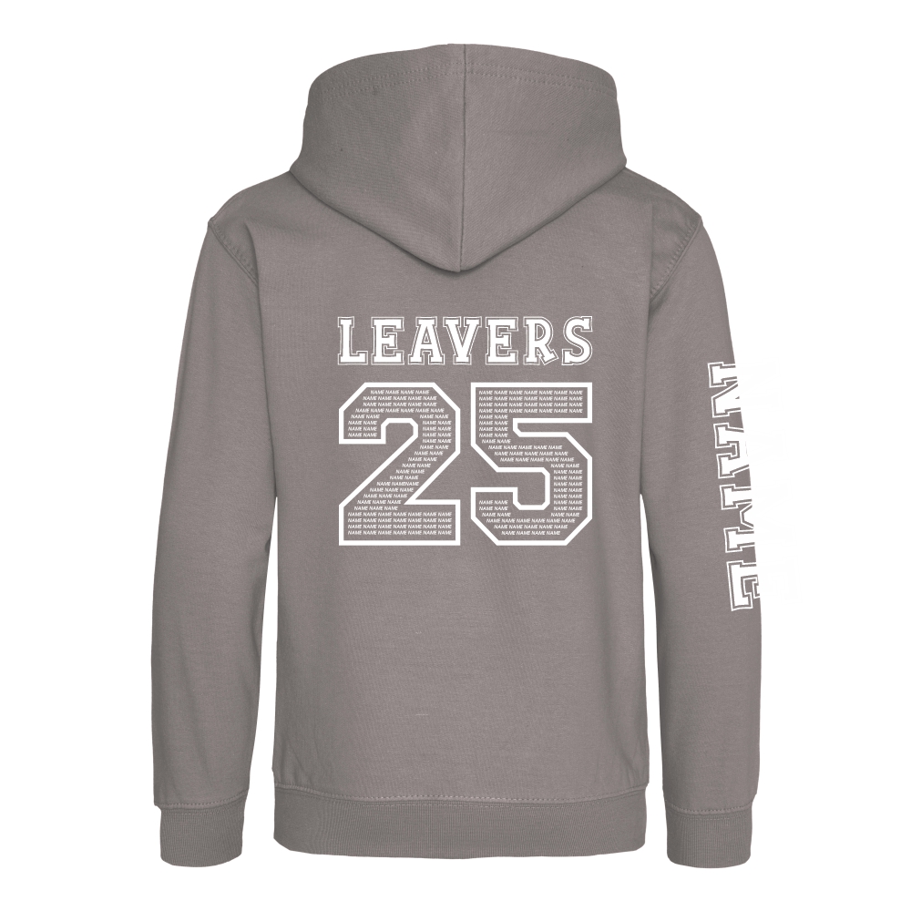 Rear view of the platinum grey colour 2025 leavers hoodie for Ninfield Primary School.