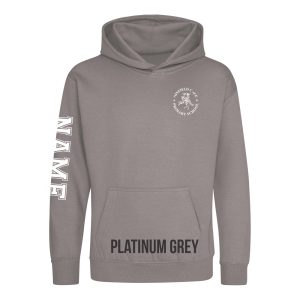 Frontal view of the platinum grey colour 2025 leavers hoodie for Ninfield Primary School.