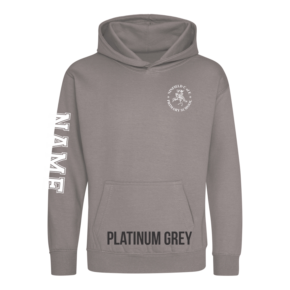 Frontal view of the platinum grey colour 2025 leavers hoodie for Ninfield Primary School.