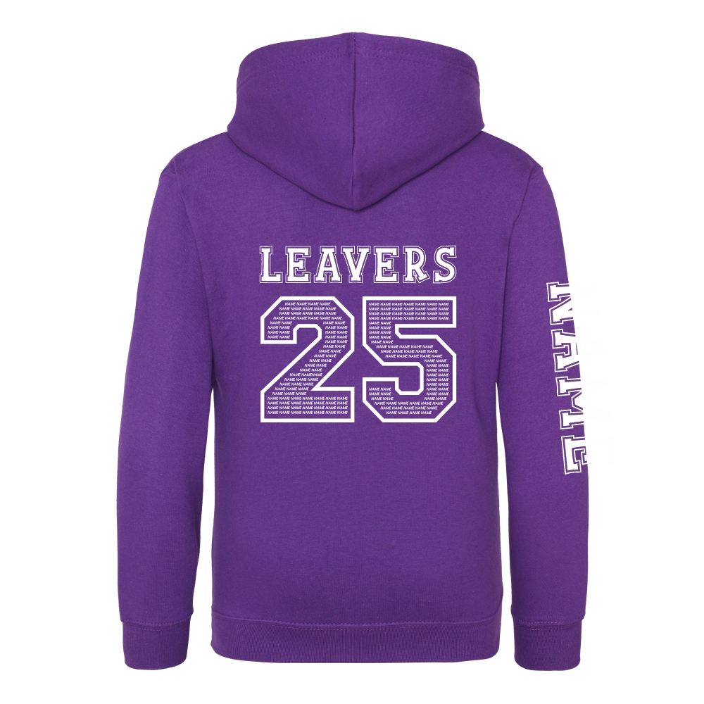 Rear view of the purple colour 2025 leavers hoodie for Ninfield Primary School.