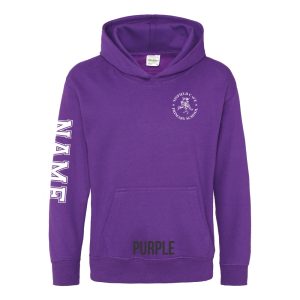 Frontal view of the purple colour 2025 leavers hoodie for Ninfield Primary School.