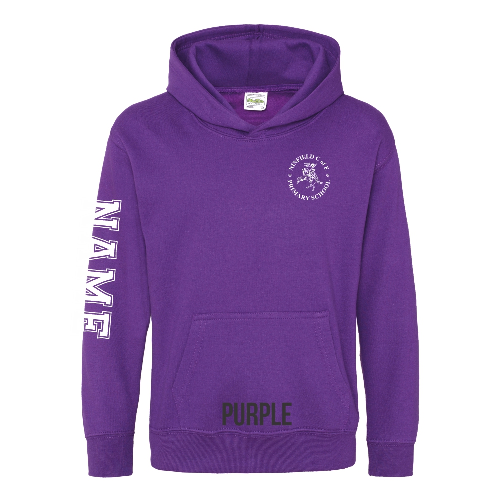 Frontal view of the purple colour 2025 leavers hoodie for Ninfield Primary School.