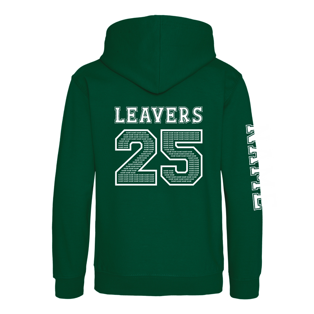Rear view of the rainforest green colour 2025 leavers hoodie for Ninfield Primary School.