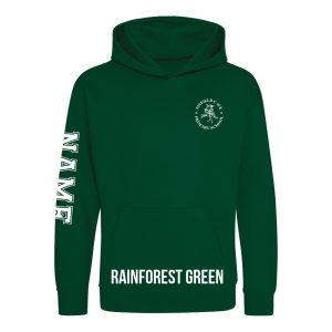Frontal view of the rainforest green colour 2025 leavers hoodie for Ninfield Primary School.