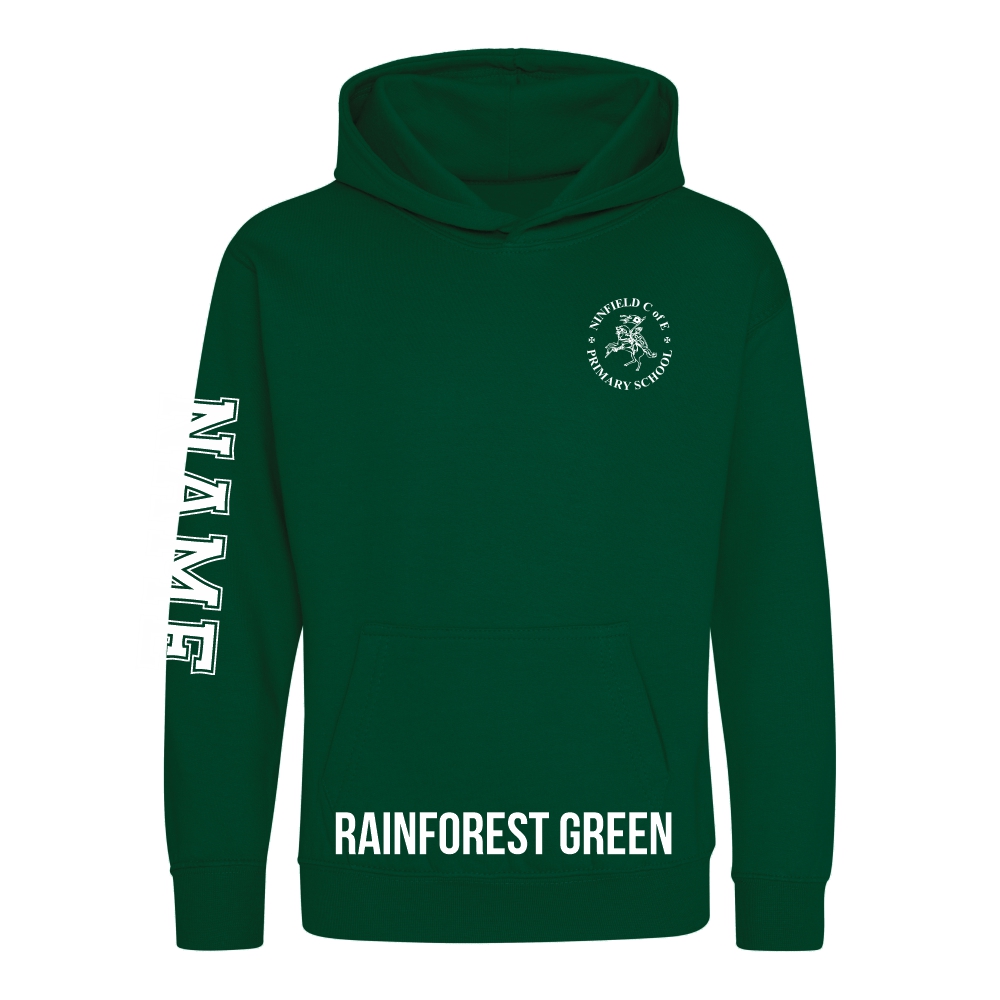 Frontal view of the rainforest green colour 2025 leavers hoodie for Ninfield Primary School.