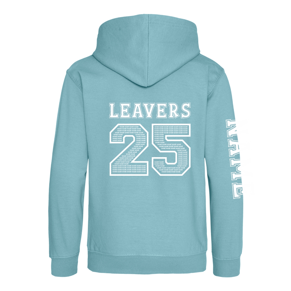 Rear view of the seafoam colour 2025 leavers hoodie for Ninfield Primary School.