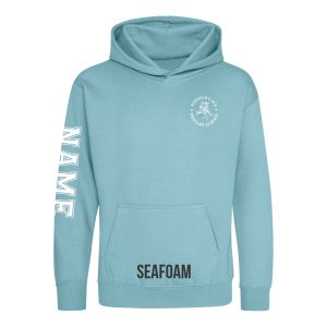 Frontal view of the seafoam colour 2025 leavers hoodie for Ninfield Primary School.