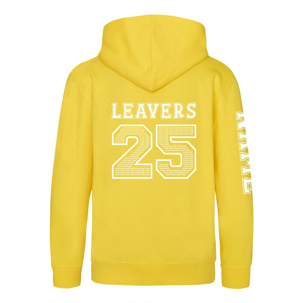 Rear view of the sun yellow colour 2025 leavers hoodie for Ninfield Primary School.