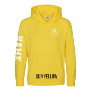 Frontal view of the sun yellow colour 2025 leavers hoodie for Ninfield Primary School.