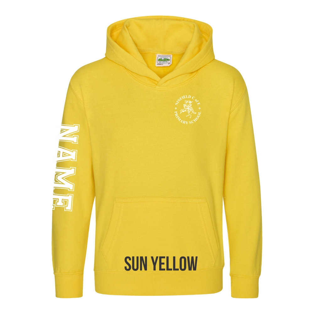 Frontal view of the sun yellow colour 2025 leavers hoodie for Ninfield Primary School.