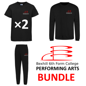 An image depicting the contents of the Bexhill college Performing Arts bundle: 2 t-shirts, 1 sweatshirt, and 1 pair of joggers.