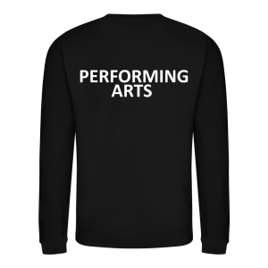 Rear view of the Bexhill College Performing Arts black sweatshirt.