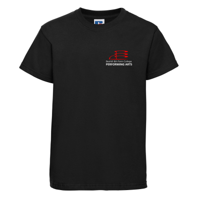 Frontal view of the Bexhill College Performing Arts black t-shirt.
