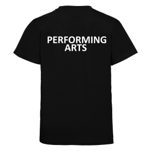 Rear view of the Bexhill College Performing Arts black t-shirt.