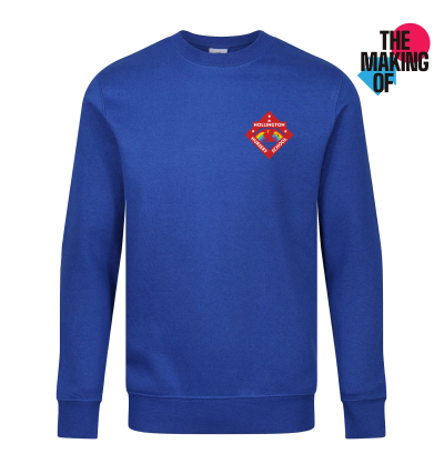Frontal view of the Hollington Nursey School royal blue sweatshirt with the nursery's logo embroidered on the left breast.