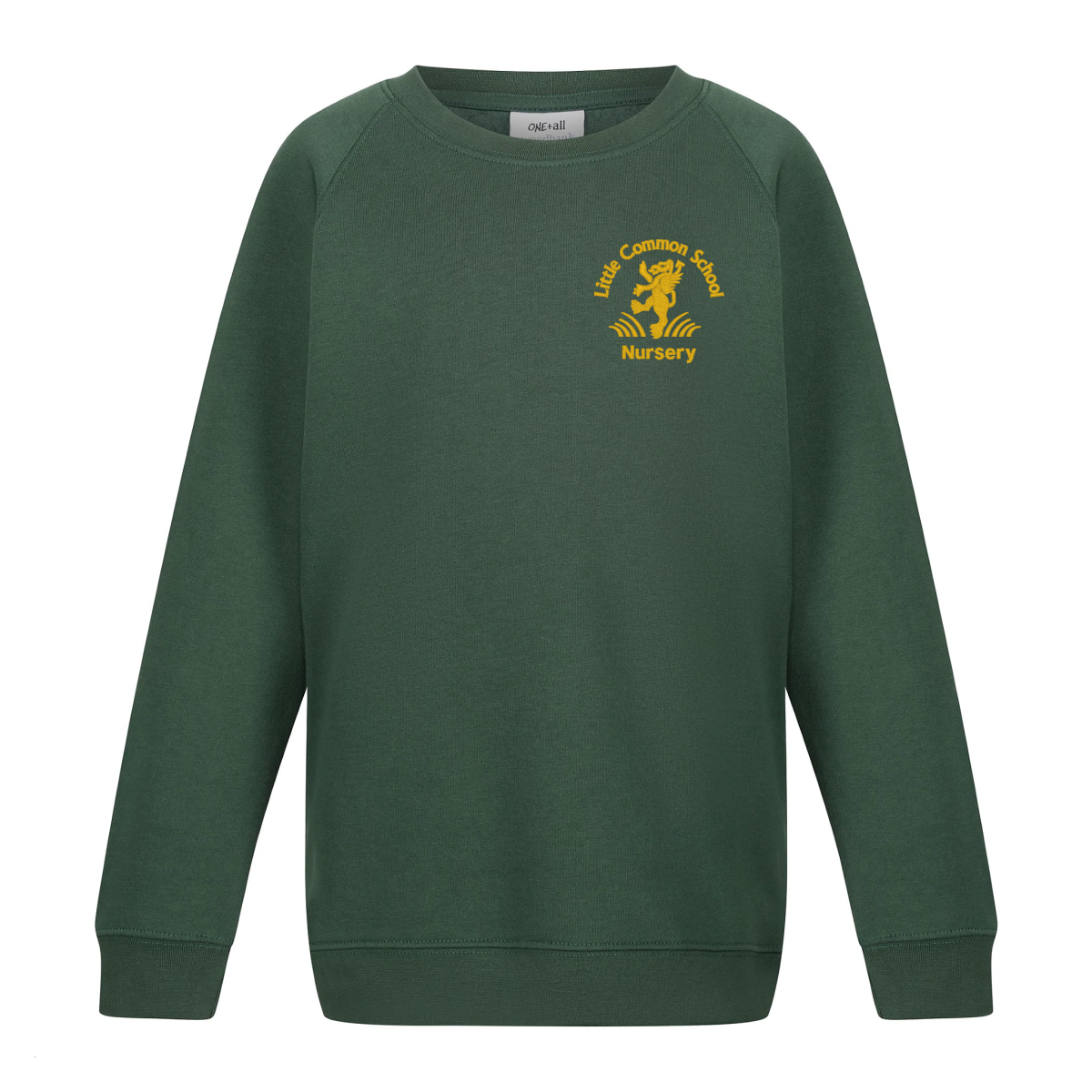 Frontal view fo the Little Common Nursery bottle green sweatshirt with the school's golden colour emblem embroidered on the left breast.
