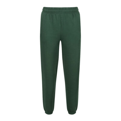 Frontal view of One+All's bottle green joggers.