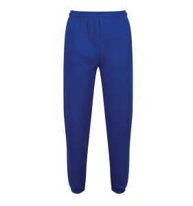Frontal view of plain royal blue kids' joggers.