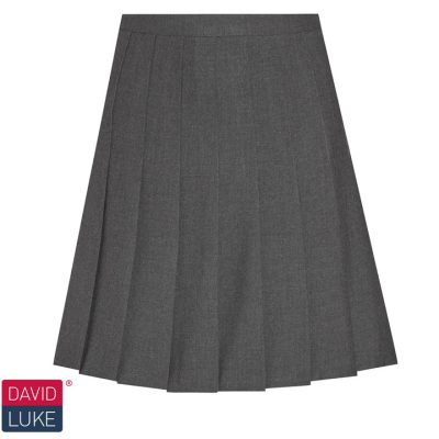Frontal view of a grey stitched-down pleated skirt. David Luke's logo is in the bottom-left of the image.