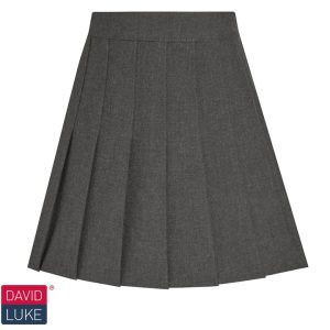 Frontal view of a junior grey stitched-down pleated skirt. David Luke's logo is in the bottom-left of the image.