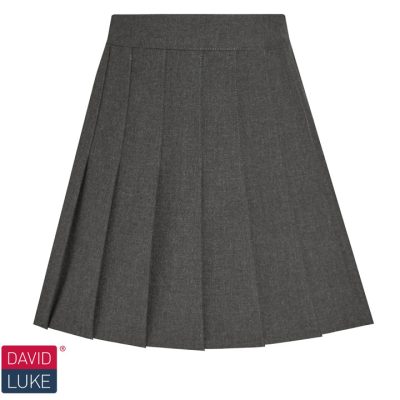 Frontal view of a junior grey stitched-down pleated skirt. David Luke's logo is in the bottom-left of the image.