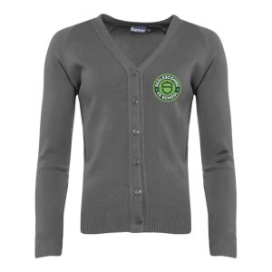 Frontal view of grey Sedlescombe Primary School cardigan.
