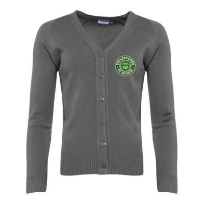 Frontal view of grey Sedlescombe Primary School cardigan.