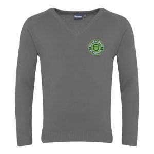 Frontal view of grey Sedlescombe Primary School jumper.