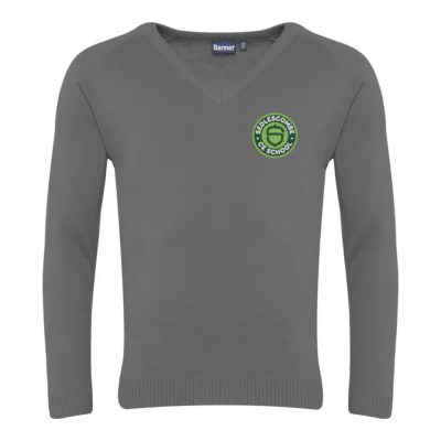 Frontal view of grey Sedlescombe Primary School jumper.