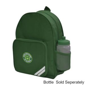 Frontal side-on view of the Sedlescombe Primary School bottle green infant backpack with the school's logo embroidered on the front panel.