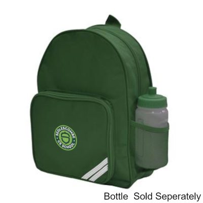 Frontal side-on view of the Sedlescombe Primary School bottle green infant backpack with the school's logo embroidered on the front panel.