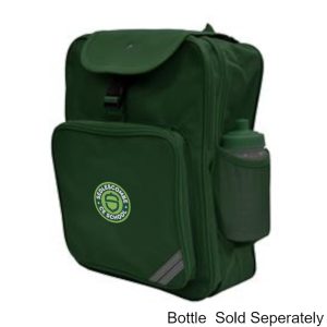 Frontal side-on view of the Sedlescombe Primary School bottle green junior backpack with the school's logo embroidered on the front panel.