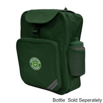 Frontal side-on view of the Sedlescombe Primary School bottle green junior backpack with the school's logo embroidered on the front panel.