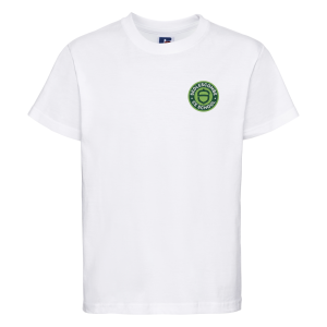 Frontal view of the Sedlescombe white PE t-shirt with the school's emblem embroidered on the left breast.