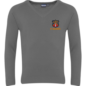 Frontal view of the St Richard's Catholic School grey jumper.