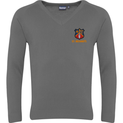 Frontal view of the St Richard's Catholic School grey jumper.