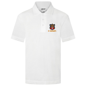 Frontal view of the St Richard's Catholic College white summer polo shirt.