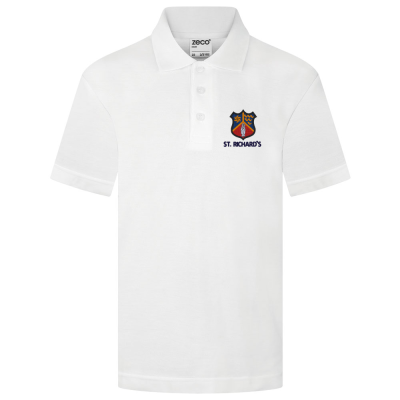 Frontal view of the St Richard's Catholic College white summer polo shirt.