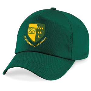 Frontal view of the Etchingham Primary School bottle green summer cap.