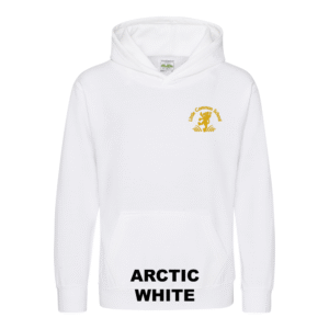 Frontal view of the arctic white colour 2026 leavers' hoodie for Little Common School. The school's emblem is embroidered on the left breast.