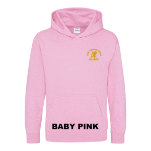 Frontal view of the baby pink colour 2026 leavers' hoodie for Little Common School. The school's emblem is embroidered on the left breast.