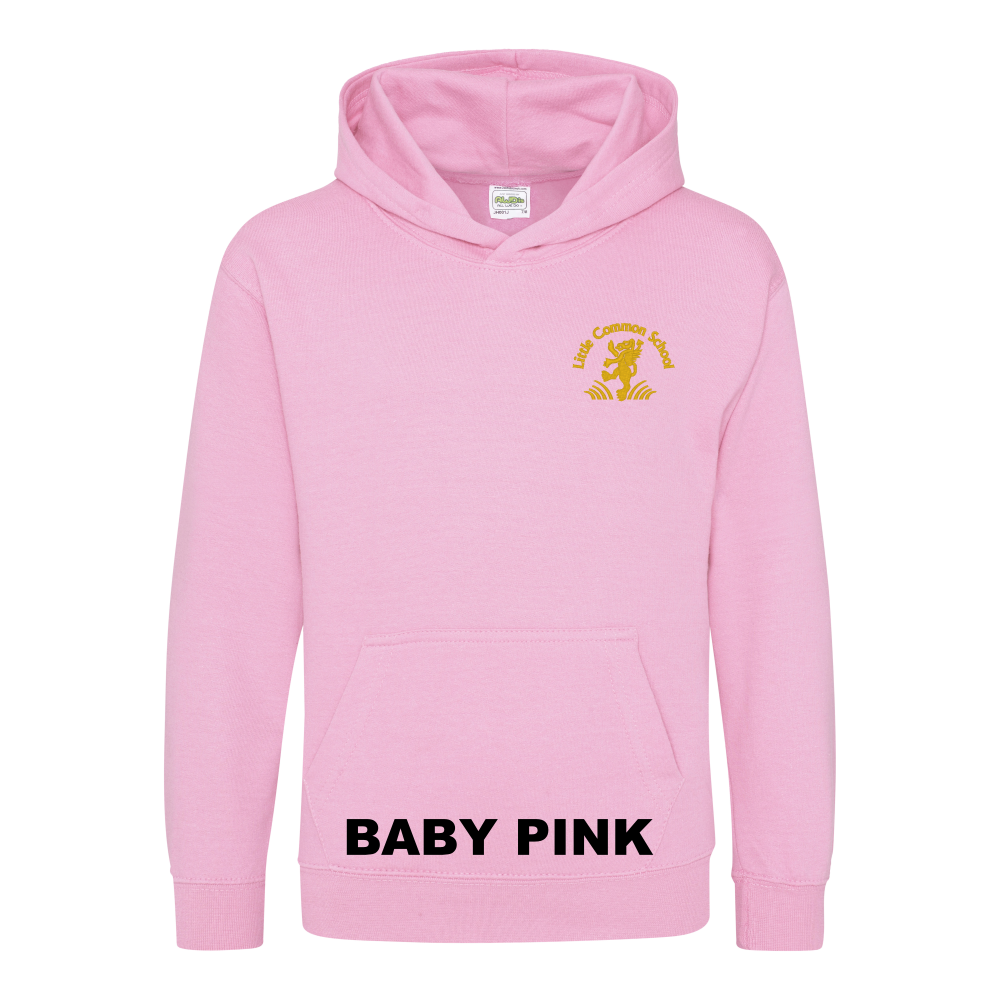 Frontal view of the baby pink colour 2026 leavers' hoodie for Little Common School. The school's emblem is embroidered on the left breast.