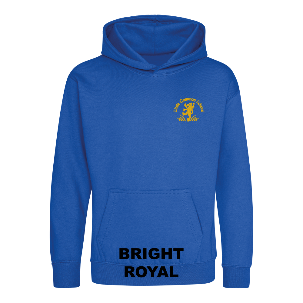 Frontal view of the bright royal blue colour 2026 leavers' hoodie for Little Common School. The school's emblem is embroidered on the left breast.