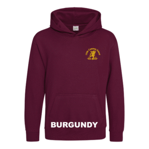 Frontal view of the burgundy colour 2026 leavers' hoodie for Little Common School. The school's emblem is embroidered on the left breast.