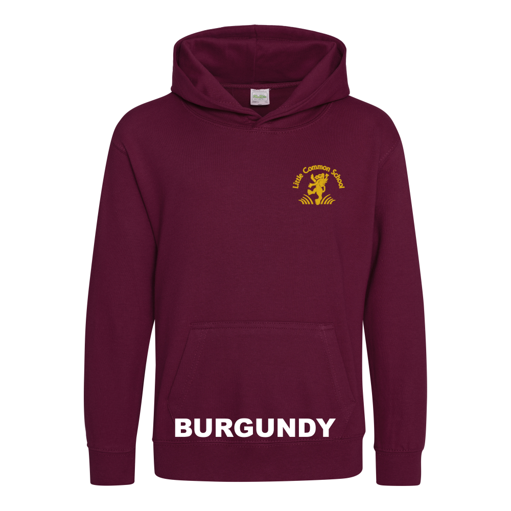 Frontal view of the burgundy colour 2026 leavers' hoodie for Little Common School. The school's emblem is embroidered on the left breast.