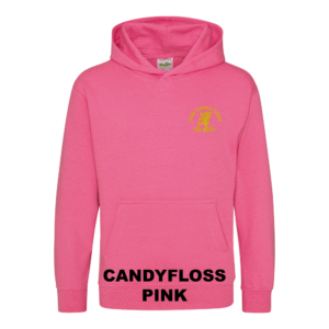 Frontal view of the candyfloss pink colour 2026 leavers' hoodie for Little Common School. The school's emblem is embroidered on the left breast.